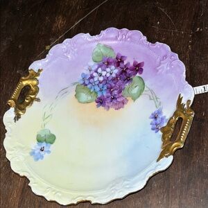 Antique Lilacs Floral Glass Plate with Gold Leaf Painted Handles